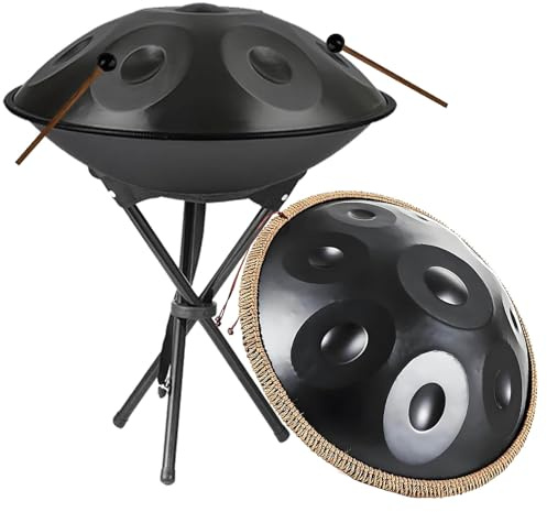 Tamburo in Acciaio for Adulti 22 Pollici Re Minore – Tamburo a Mano 432Hz/440Hz, Handpan in Acciaio con Borsa, Strumento Handpan Drum 9/10/12 Note for Meditazione e Yoga(nero,440HZ/10Note)