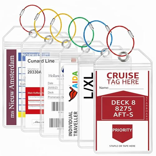KORVORIA 6 Etiquetas de Equipaje Cruceros, 19×11cm Etiquetas para Maletas | Transparentes, PVC Impermeable, con 6 Lazos de Acero Colores, para Maletas, Cruceros Mein Schiff Aida TUI