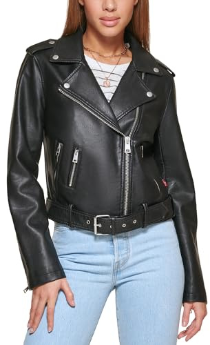 Levi's Women Faux Leather Belted Motorcycle Jacket (Standard and Plus Sizes), Black, Large