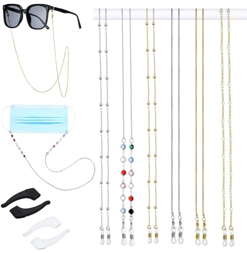 6 Piezas Cadena de Gafas Retenedor de Gafas Elegante Cordón Gafas con Abalorios (Dorado, Plateado)