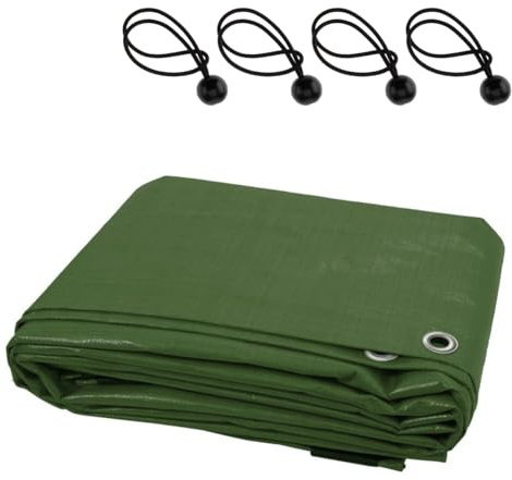 Waterproof Tarpaulin with 4 Ball Bungees - 1.5 x 2 m Green PE Tarp Cover for Garden, Wood, Camping, Groundsheet, Construction - 90 GSM UV Resistant, Tear-Proof, Mould-Proof, Rope-Reinforced Edges