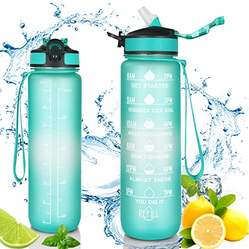flintronic Gourde Sport, 1 Litre Bouteille d'eau étanche avec Marqueur de Temps de Motivation sans BPA, Gourdes d'eau Réutilisable avec Brosse de Nettoyage, pour Camping Voyage Gym Cyclisme