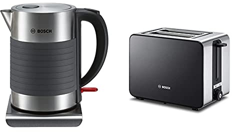 Bosch TWK7S05 kabelloser Wasserkocher, Abschaltautomatik, 1,7 L, 2200 W, schwarz/grau & ster ComfortLine TAT7203, integrierter Edelstahl-Brötchenaufsatz, 1050 W, Edelstahl/schwarz