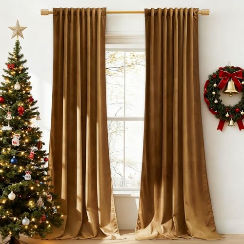 StangH Gold Brown Velvet Curtains 96 inches Long for Living Room, Luxury Back Tab Heavy Blackout Thermal Insulated Privacy Window Drapes for Bedroom/Sliding Door/Hall, W52 x L96, 2 Panels