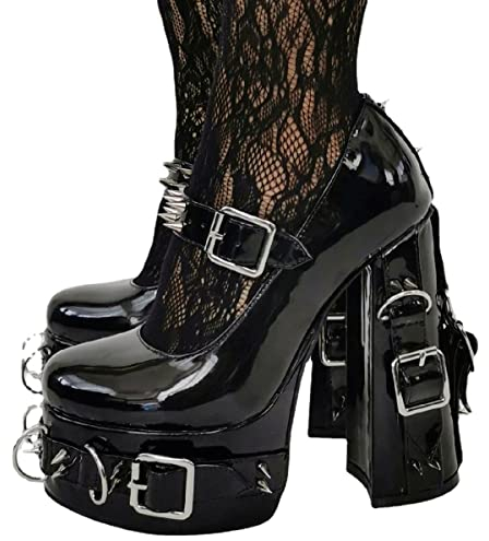 Only maker Damen Mary Jane Pumps Lolita Plateau High Heels Blockabsatz mit Nieten Schnallen Metallingen Lack Schwarz 46 EU