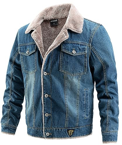 HAOLEI Men's Denim Jacket Fleece Winter Thick Warm Coat Sherpa Lined Outdoor Outwear Thicken Lamb Velvet Windbreaker Military Soft Jacket Fur Collar Turn Down Neck Bomber Jacket with Pockets