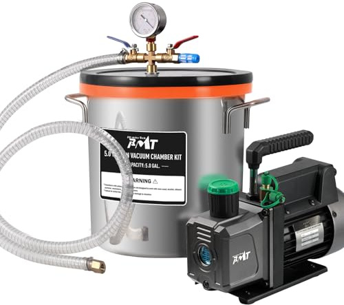 PB Motor Tech BMT 5 Gallon vakuumkammarsats med 4,5 CFM vakuumpump, härdat glaslock vakuumpammare och 38 mikron kammaruppsättning, ingen olja ingår, perfekt för trästabilisering