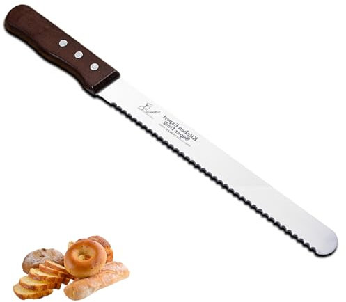 Piosarafiem Coltello da Pane, Acciaio Inossidabile, Seghettato, Lunghezza Lama 25 cm, Ergonomico, Manico in Legno, Per Tagliare Verdure, Frutta, Pane e Dolci