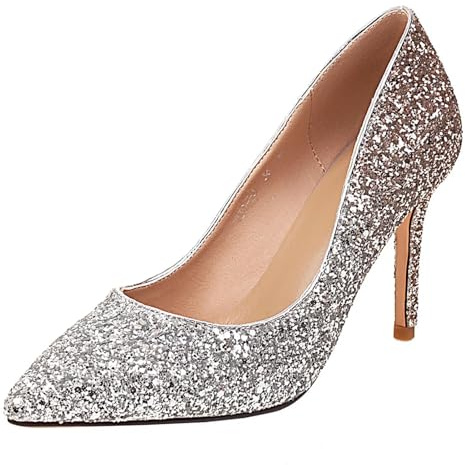 HSyc JRX Spetsig tå stilett höga klackar glitterpumps med 8,5 cm klack, högklackade skor, Guld, 38.5 EU