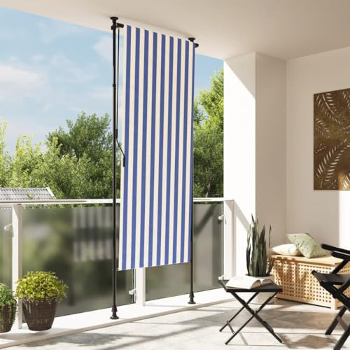 Xichuzi Außenrollo Blau und Weiß 120x270 cm Stoff und Stahl, Sonnenschutz Balkon, Senkrechtmarkise Außen, Sonnensegel Aufrollbar, Windschutz Balkon, Balkon Sichtschutz - 368765