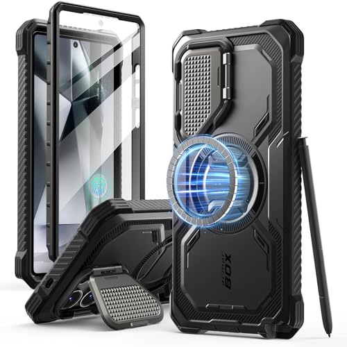 i-Blason Armorbox Cover per Samsung Galaxy S25 Ultra con Protezione della Fotocamera, Custodia Magnetica e Resistente con Pellicola Protettiva per lo Schermo e Cavalleto per S25 Ultra (Nero)