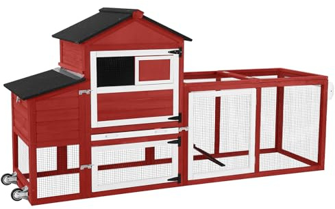 GUTINNEEN Chicken Coop Mobile Chicken House with Wheels Expandable Wooden Hen House 80.7 Outdoor Rabbit Hutch Movable with Large Nesting Box for 2-4 Chickens (Red)