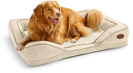 Silentnight Orthopaedic Dog Bed - Cosy Comfortable Pet Bed with Ergonomic Foam Body & Head Support - Super Soft & Sturdy Woven Removable Washable Cover, Non-Slip Base, Large 69x95cm, Natural