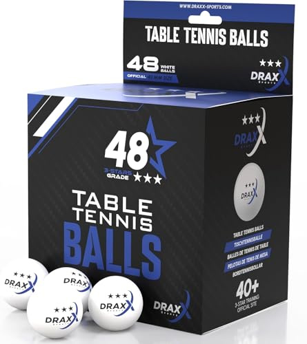 DRAXX Sports Balles de ping-Pong Blanches 3 étoiles - Lot de 12/24/48 pcs - Taille 40+ - Parfaites Loisirs, entraînement & compétition Tennis de Table, qualité Pro Garantie (Boite x48 PCS)