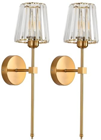 XIRYTU-H Apliques de Pared de Cristal Dorado - Pack de 2, Lámparas de Pared Vintage de Lujo con Pantalla de Cristal K9 y Estructura de Latón, E27 Iluminación para Dormitorio, Cocina, Baño (Paraguas)