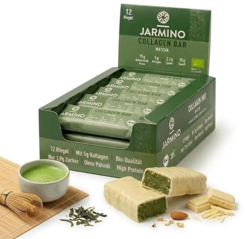 Barra de Matcha con Alto Contenido de Proteínas Collagen Riegel, 12 x 55 g, Alta en Proteínas y Baja en Azúcar, Proteína Riegel, sin Aceite de Palma (matcha), 12 Unidades
