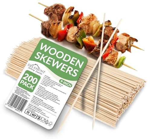 9-Inch (23cm) Wooden Skewers [200 Pack] - Compostable Birchwood Sticks for BBQ, Shish Kebabs, Chicken, Meat, Marshmallows, Fruit & Crafts | Eco Skewers for Roasting, Toasting, Barbecue & Fire Pit Use