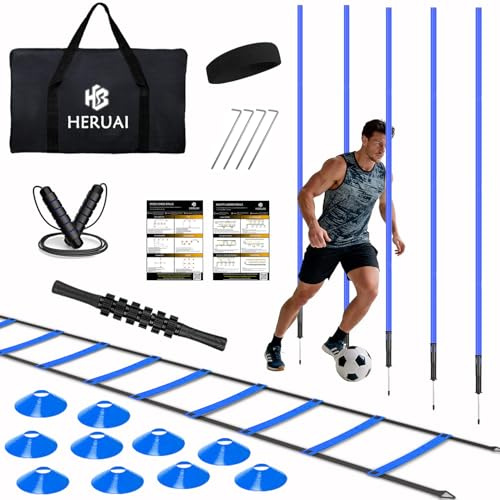 HERUAI Set di allenamento per calcio, scala di coordinazione, accessori per allenamento con scala regolabile da 6 m, 5 aste per slalom, 10 cappelli, corda per saltare, set da allenamento