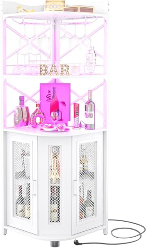 iSunirm Eck-Barschrank mit Steckdose, industrieller Weinschrank mit LED-Streifen und Glashalter, 5-stöckiges Spirituosenregal für Zuhause, Eckvitrine für kleine Räume, Weiß