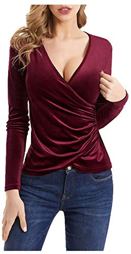 Generisch Blusa de mujer de terciopelo con cuello en V con diseño envolvente ajuste delgado de manga larga para un elegante, Vino, XL
