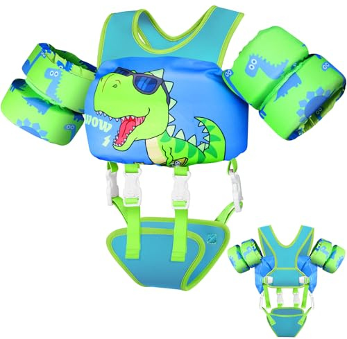 Vvinca Toddler Swim Vest for Kids 22-66 lbs, Comfort Toddlers Pool Floaties Jacket for Boys Girls, Puddle Kid Jumper Adjustable Crotch Sleeves Shoulder Fit for Ages 2-6 Learn to Swimming, Dinosaur