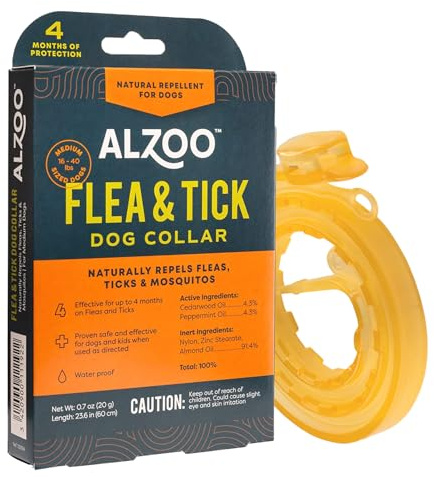 ALZOO Plant Based Flea & Tick Dog Collar - Helps Repel Fleas, Ticks & Mosquitoes - 100% Plant-Based Active Ingredients - Waterproof - Up to 4 Months Protection - Medium-Sized Dogs: 16-40 lbs - Single