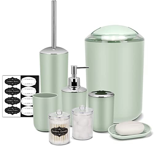 IMAVO Set di accessori da bagno – Set di 8 accessori da bagno verdi con bidone della spazzatura, dispenser di sapone, portasapone, portaspazzolino, tazza per spazzolino da denti, porta scopino per WC,
