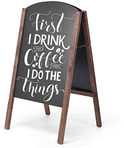 GYMAX Tableau d’Affichage, Panneau de Trottoir avec Double Face Noir en MDF et Pieds en Pin Café Foncé, Panneau Publicitaire pour l’Intérieur et l’Extérieur, 45 x 6 x 80 CM après Pliage