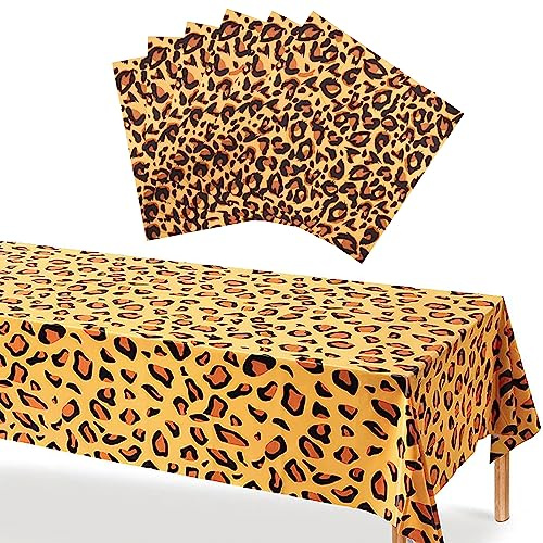 POPOYU Juego de mantel y servilletas de fiesta de animales de safari de la selva, juego de vajilla con estampado de leopardo 21P, decoración de mesa, mantel de plástico PVC para niños, suministros de
