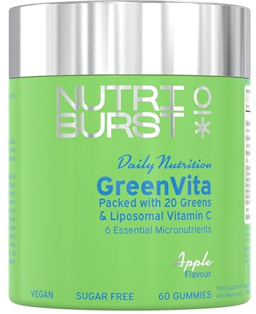 Nutriburst GreenVita - Super Greens Blend Gummies - Fruit + Veg + 100% Fruiting Bodies Mushrooms + 200 Million Live Bacteria Cultures - Boosted with Vitamins - 1 Month Supply - Suitable for Vegans