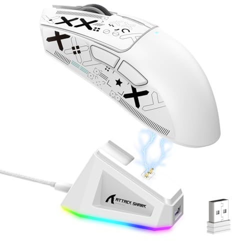 LexonElec x ATTACK SHARK X11 Trådlös Spelmus med RGB Magnetisk Laddningsdocka, PixArt PAW3311-Sensor, Ultralätt 59g Tri-Mode Gaming-Mus med Tejp, Trådbunden/2,4G/BT, 22K DPI för PC/Mac-White&Tape