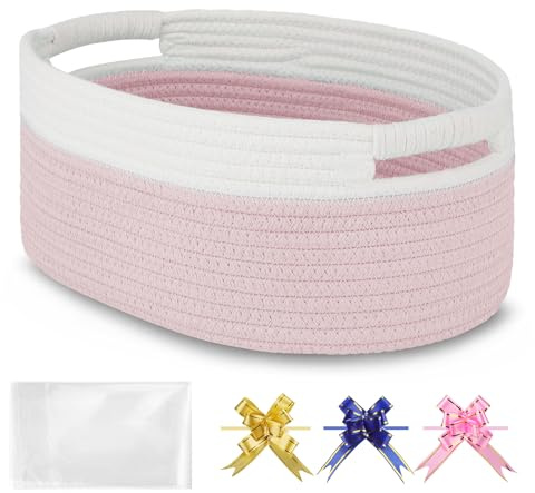 BOSROTY Small Woven Basket with Gift Bags and Ribbons, Empty Baby Gift Baskets for Kids Women Men, Nursery Storage, Small Cat Dog Pet Toy Boxes, 33 x 23 x 14 CM, Light Pink