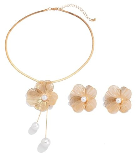 FDEETY Blumen Schmuckset Ohrstecker Halskette Perle Anhänger Damen Schmuck Elegant Hochzeit Brautschmuck Jubiläum Accessoires