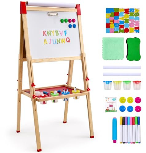 VEVOR Cavalletto da Arte per Bambini 4,6 kg, Cavalletto da Arte in Legno a Doppia Faccia con Lavagna Magnetica e Rotolo di Carta, Tavolo da Disegno Regolabile con Accessori per Pittura per Bambini