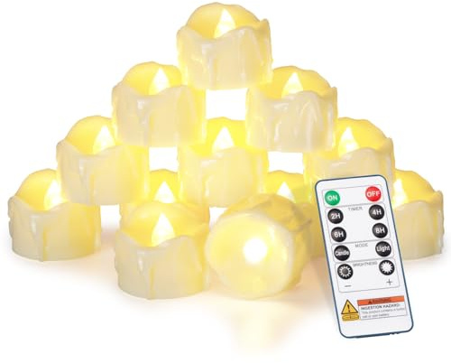 Homemory 12pcs Remote Timer LED Tea Lights Candles, 400+Hours Flickering Flameless Battery Votive Tealights for Tabletop Lighting, Centerpieces Decor, Holiday, White Base