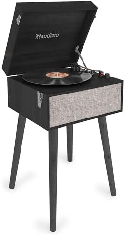Audizio Fremont - Tocadiscos Retro con Patas de Madera, Bluetooth bidireccional, USB para digitalizar vinilos, Altavoces estéreo, RCA, 3 velocidades, Entrada AUX y Salida de Auriculares Color Negro