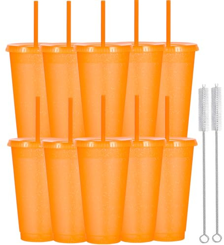 Yisituo 710 ml plastmugg med lock och sugrör, 10-pack för vuxna och barn, återanvändbara smoothie-koppar, perfekt för fester, strand och poolfester (10, orange)