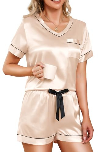 LUSLOVE Pyjama Femme Satin Été - Ensemble 2 Pièces Soie Douce Haut Col V Confortable Tenue de Nuit Légère Pyjama Mariée Élégant