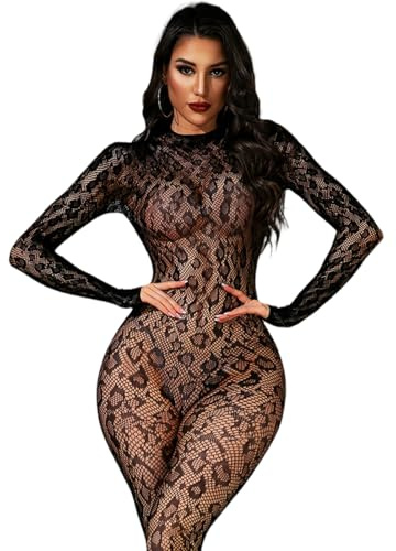 Women Sexy Fishnet Bodysuit, Lace Leopard Jumpsuit Full Body Stockings Mesh Lingerie, One Piece Party Club Rave Outfits Plus Size Black