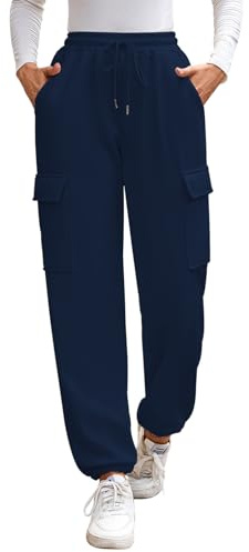 EDOTON Femme Jogging Pantalon Chaud Fitness Polaire Taille Haute avec Ceinture Élastique et Poches Pantalons Décontractés (Marine, M)