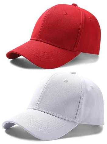FUIPVGI 2 Pezzi Cappellino Baseball Uomo Donna, Cappello Unisex con Visiera, Stile Casual Regolabile Estivo Cappellini per Golf Tennis Baseball Ciclismo Tempo Libero (Bianco, Rosso)