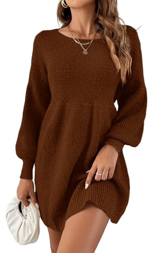 Saodimallsu Abito da donna a maniche lunghe con scollo tondo, in maglia, con maniche a palloncino, aderente in vita, elegante, maglione in maglia, abito a linea A, miniabito, marrone, M