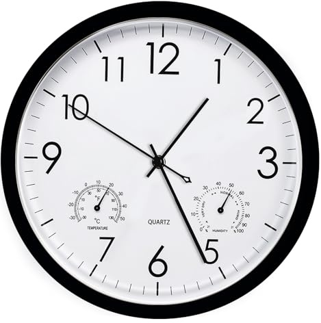PORFOYO Reloj de Pared Silencioso 30CM con Termómetro Higrómetro,Reloj de Pared Moderno,Relojs de Pared Decorativo Redondo de Cuarzo,Relojs de Pared de Cuarzo Cocina(Negro)