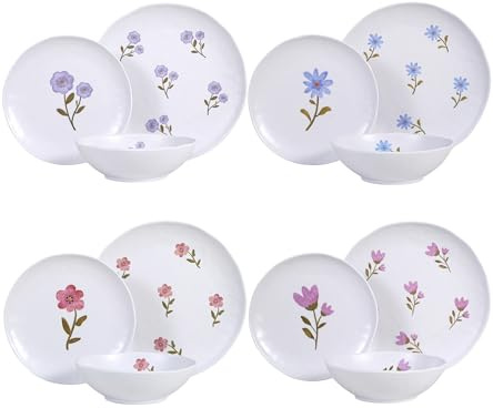 Lechoo 12-Piece Melamine Dinnerware Set, Unbreakable Plates and Bowls Set for Outdoor, Camping, Picnic, Party, Service for 4 Shatterproof & Lightweight Floral Dining Dishes Set Blue, Purple, Red, Pink