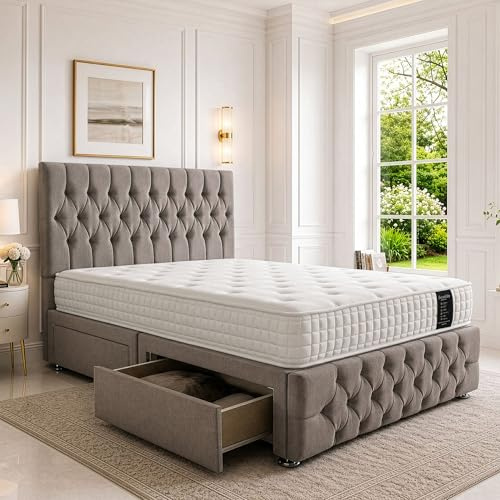 SANA SLEEP Sleek King Bed 5FT with Headboard & Footboard - Aston Grey Plush Finish - Includes Pocket Sprung Multi-Zone Mattress & 2 Drawers - Sturdy Divan Design for Compact Bedrooms
