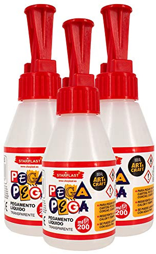PEGAMENTO LÍQUIDO TRANSPARENTE STARPLAST - Pegamentos para papel, cartón, cuero, tela y madera. Ideal para manualidades, artesanía o hacer maquetas - 200ml Pack 3