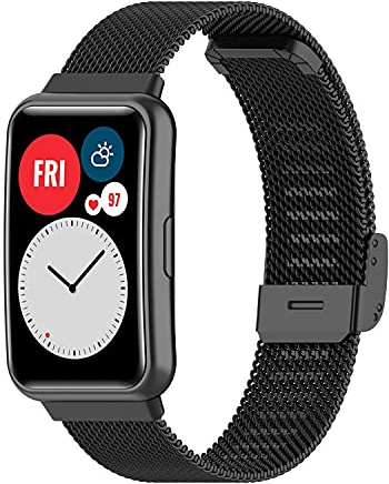 Armband für Huawei Watch Fit/Fit New/Fit Special Edition, Edelstahl Ersatz Metall Uhrenarmband Verstellbares Ersatzarmband für Huawei Fit Zubehör (Schwarz)