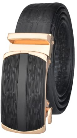 Cinturón de cuero para hombre con trinquete automático, cinturón de cuero negro de moda para hombre, traje de negocios, tiempo libre, longitud ajustable, ancho 35 mm, dorado, 110 cm