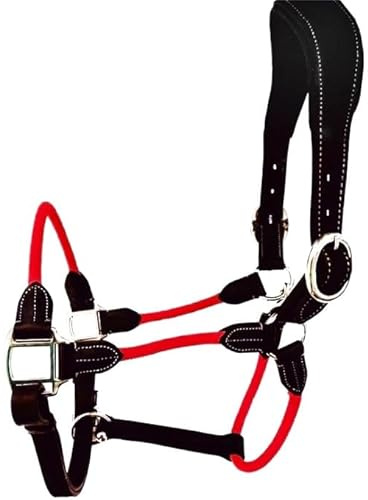 Cwell Equine Deluxe Black Leather and Rope Hybrid Padded Halter FULL/COB/PONY (RED PONY)