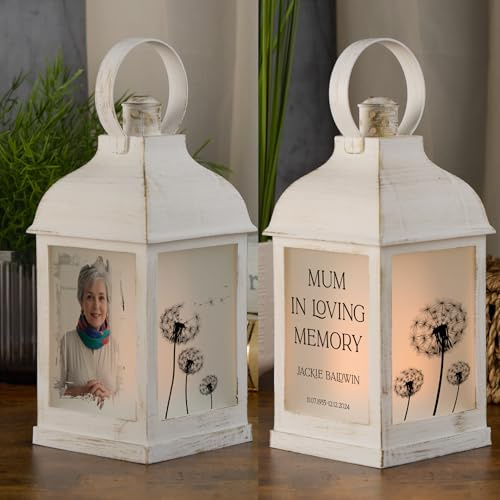 Mum Personalised Memorial Photo Upload Lantern, Memorial Candle, in Loving Memory Remembrance with Dandelions